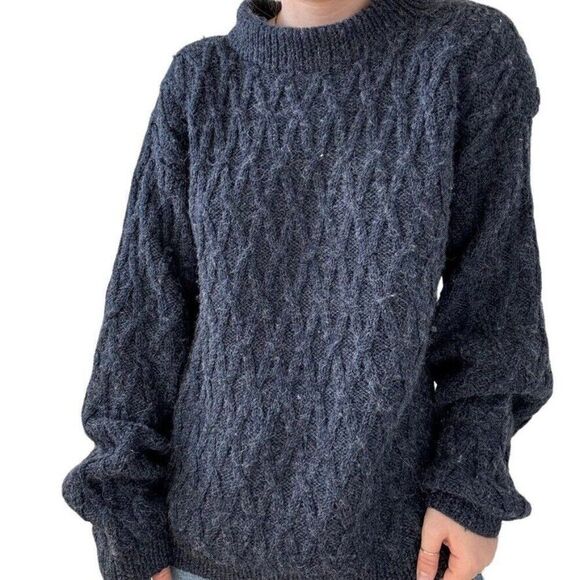 Hand Knit Womens Alpaca Navy Blue Cable Knit Chunky Oversized Fisherman Sweater - Picture 1 of 8